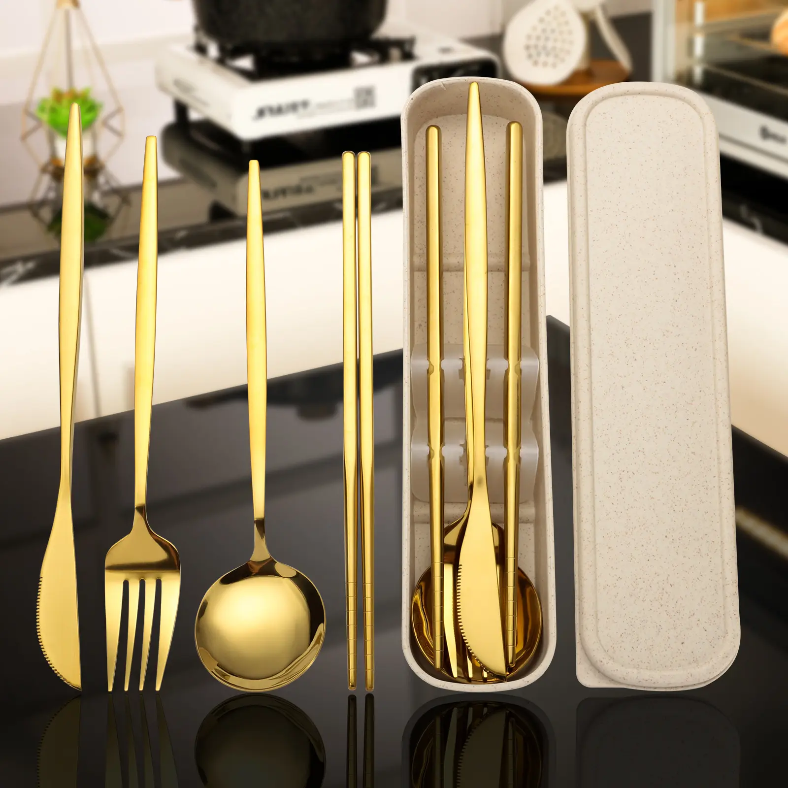 4-Piece Gold PVD Titanium 410 Stainless Steel Cutlery Set with Storage Box, Forks Spoons and Knives Set, Portable Reusable BPA-Free Utensils for Office, School, Camping and Travel, Unbreakable Household Kitchen Tableware for Daily Use #GLOBAL PICKS