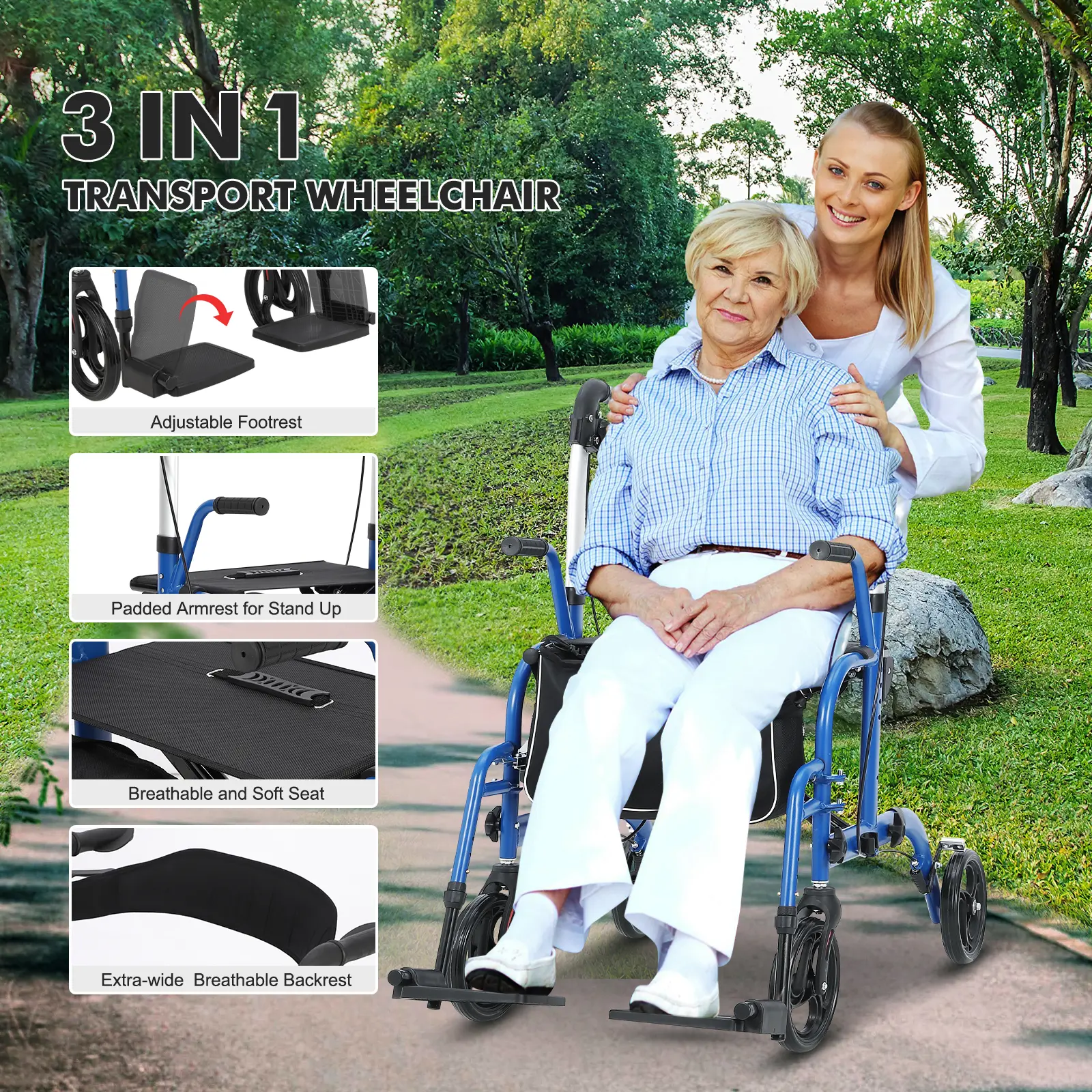 3-in-1 Rollator Walker Wheelchair Combo with Seat for Seniors, All Terrain Medical Transport Walker for Adults, Equipped with 6 Inch Non-Slip Wheels, Reversible Backrest and Detachable Footrests