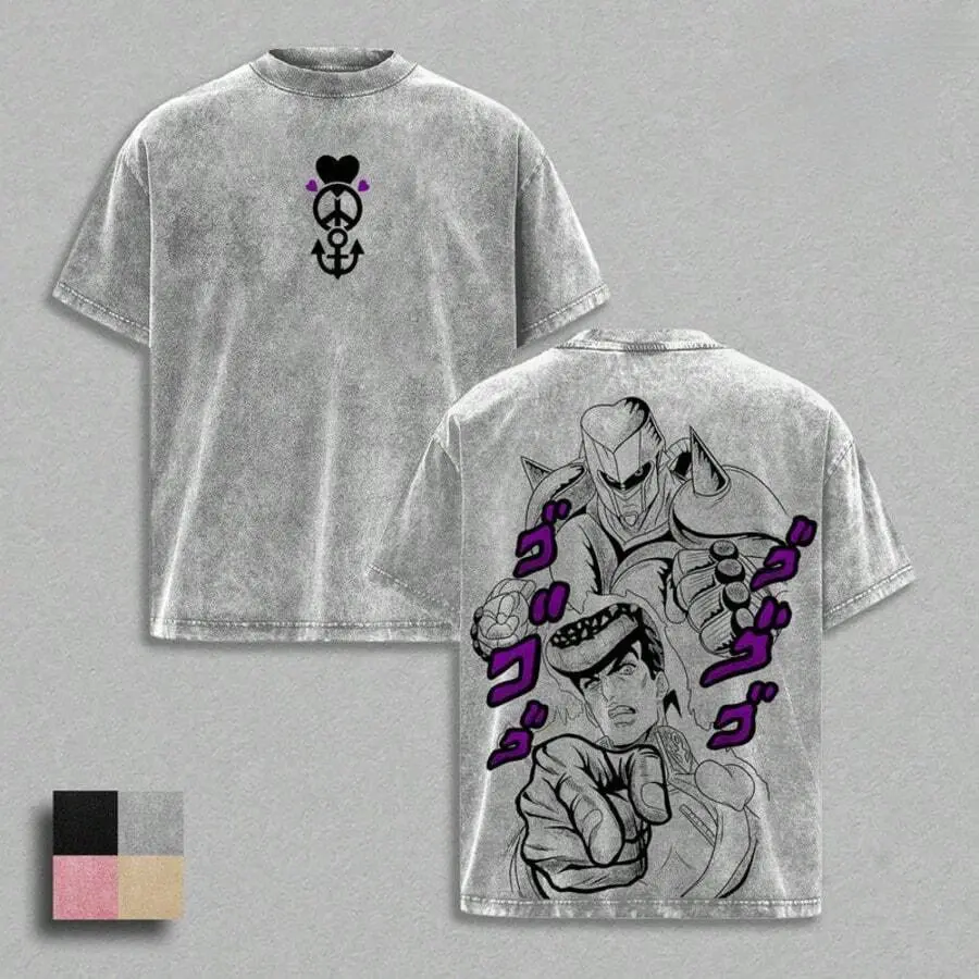 Harajuku Geek Hip Hop Distressed JoJo Anime T Shirt Front Peace Heart Symbol Back Josuke Crazy Diamond Graphic Soft Cotton Short Sleeve Crew Top Daily Campus Bar Anime Convention Summer Streetwear