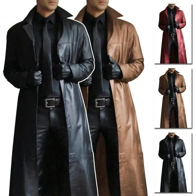 Men Luxury Fashion Medieval Steampunk Gothic Long Leather Jackets Vintage Winter Outerwear Faux Leather Trench Coat Menswear CottonGIFT7