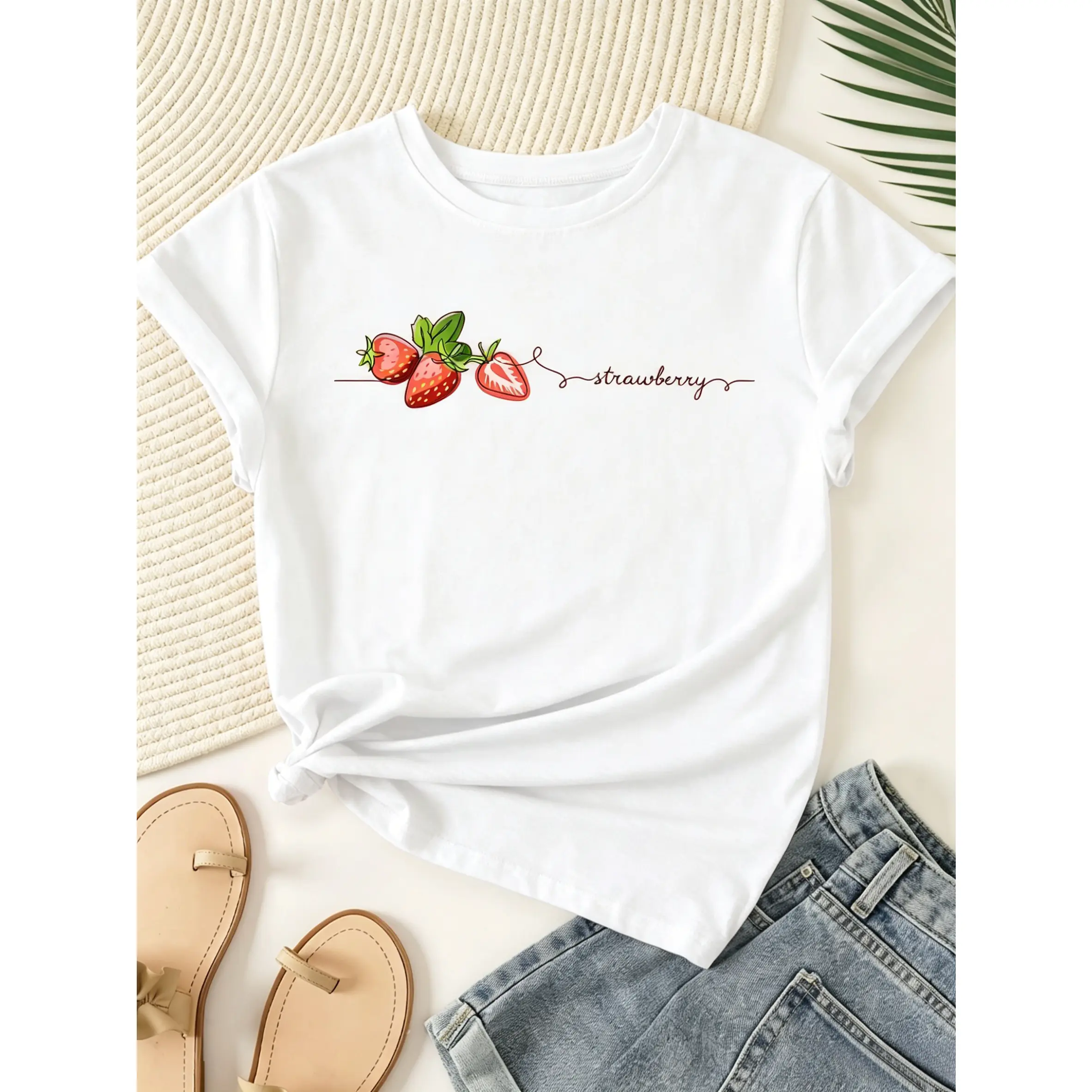 Women Heather Pink T Shirt Minimal Continuous One Line Sketch Strawberry Fruit Handwriting Strawberry Script Graphic Crew Neck 100% Pure Cotton Soft Spring Summer Casual Short Sleeve Tee Tops