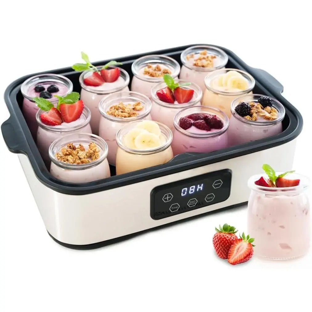 Automatic Yogurt Maker | 12 Glass Jars 180ml, Digital Timer & Temp Control | Stainless Steel Greek Yogurt Machine with Auto Shut-Off for Homemade Healthy Probiotic Snacks