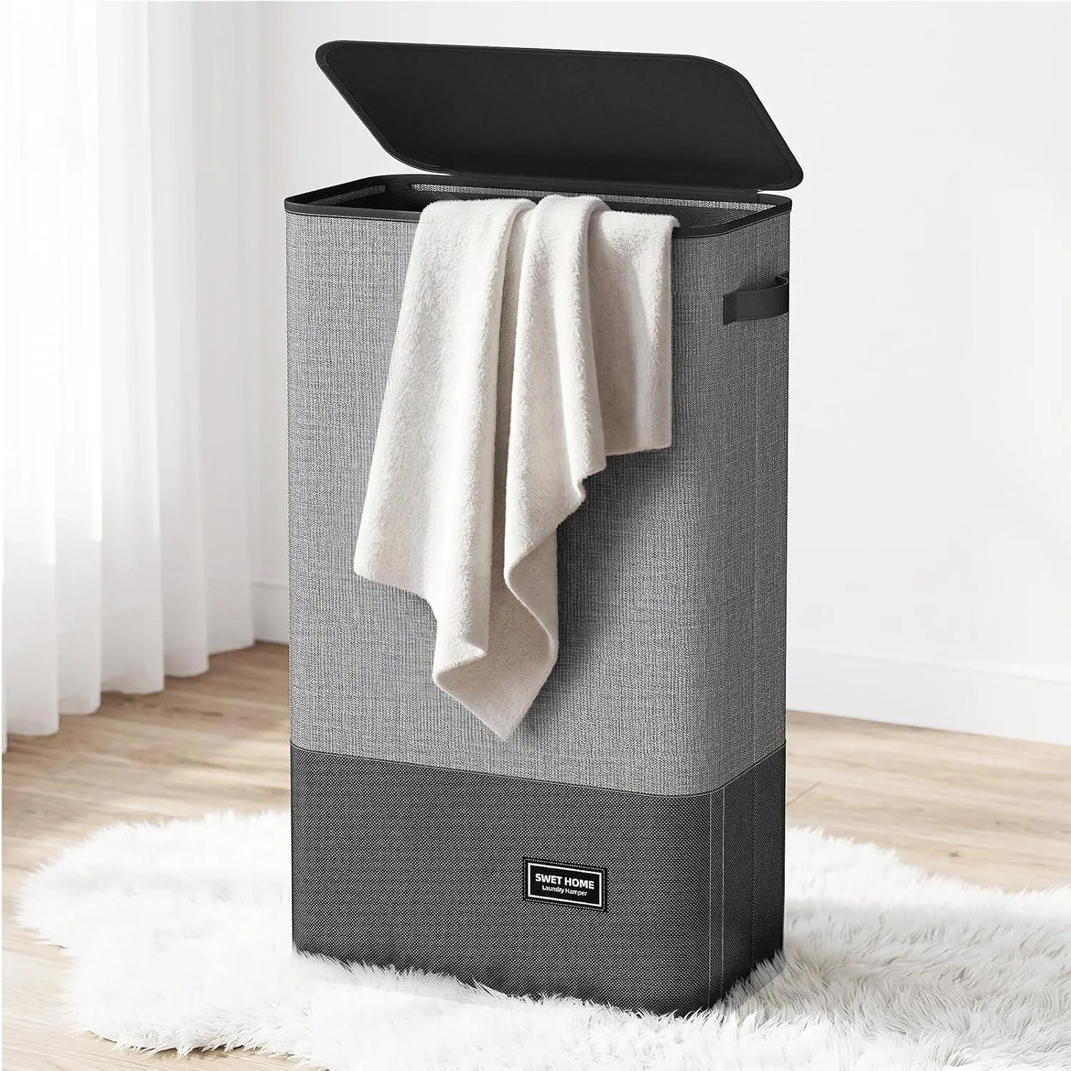 Slim Laundry Hamper with Lid, 75L, Black-Gray |   Collapsible, Narrow Laundry Basket, Removable Inner Bag,Slim Dirty Clothes Hamper