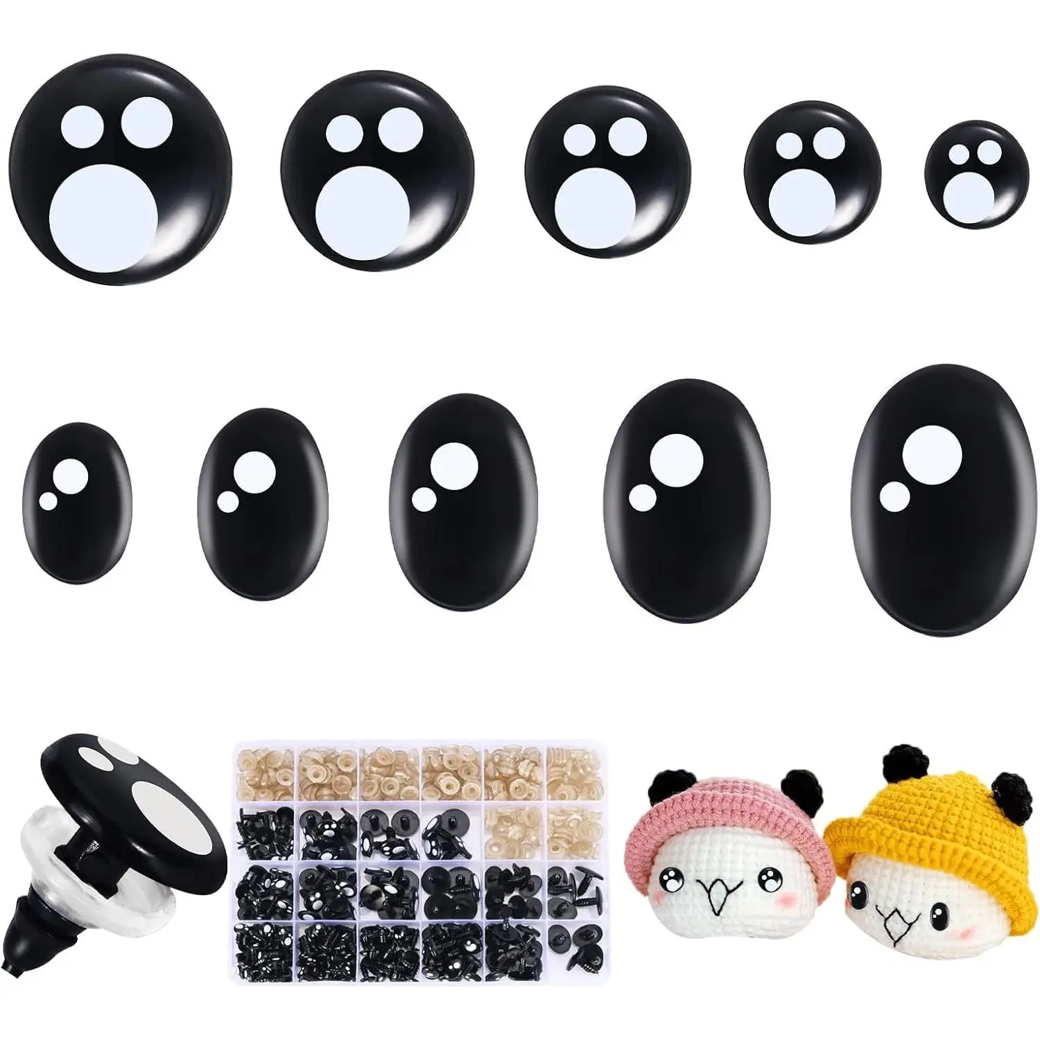 400PCS Safety Eyes for Amigurumi, 8-16mm Black Crochet Eyes with Washers, Oval & Round Craft Eyes, Kawaii Doll Eyes for Crochet Toys Stuffed Animals