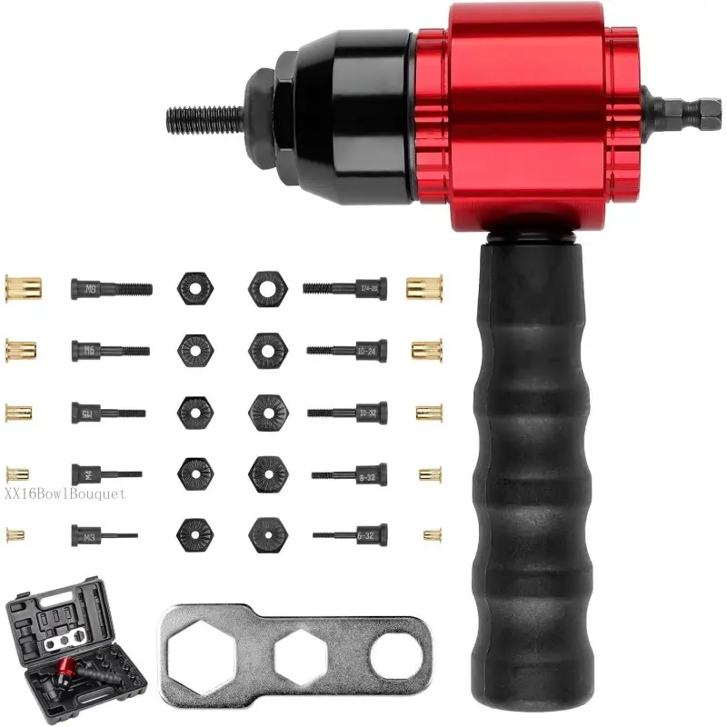 Rivet Nut Tool Rivet Nut Kit, Rivet Nut Gun Adapter Compatible with Cordless Drill & Ratchet Wrench, Newly Rivnut Tool with 10 Mandrels & 50 Rivet Nuts, Rugged Carrying CaseXX16BowlBouquet
