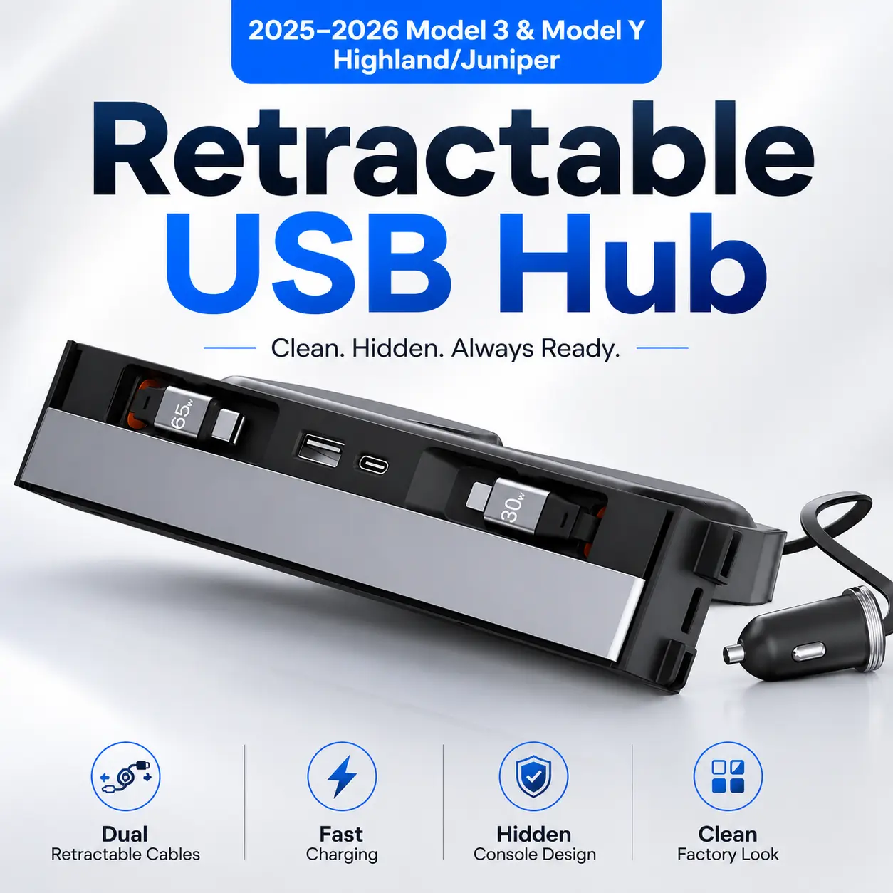 Retractable Multi-Port USB Hub for 2025–2026 Model 3 & Model Y Highland/Juniper, Hidden Center Console Docking Station with Dual Retractable Charging Cables, Fast Charging Ports, Anti-Dust Sliding Cover and Integrated Interior Design