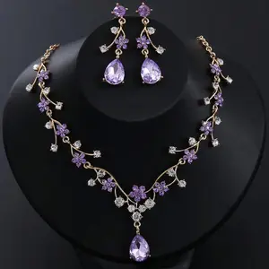 3Pcs Vintage Plum Purple Rhinestone Bridal Jewelry Set - Necklace & Earrings for Brides, Ideal for Weddings & Holiday Gifts