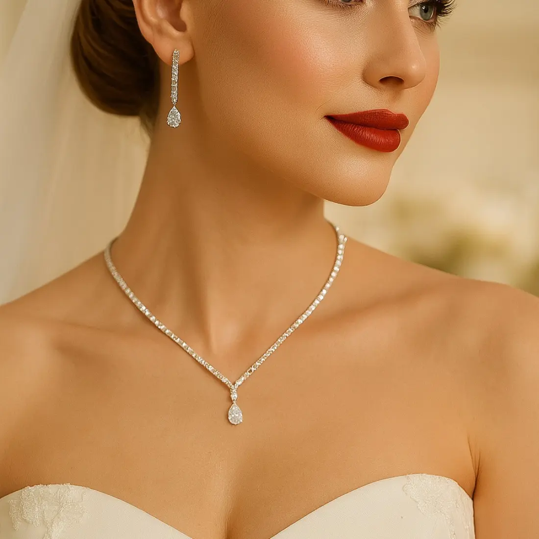 Women's Rhinestone Necklace and Earrings Set, Elegant Water Drop Pendant with Dainty Drop Earrings, Bridal Jewelry for Wedding Ceremony, Boho Bridal Necklace And Earrings Set