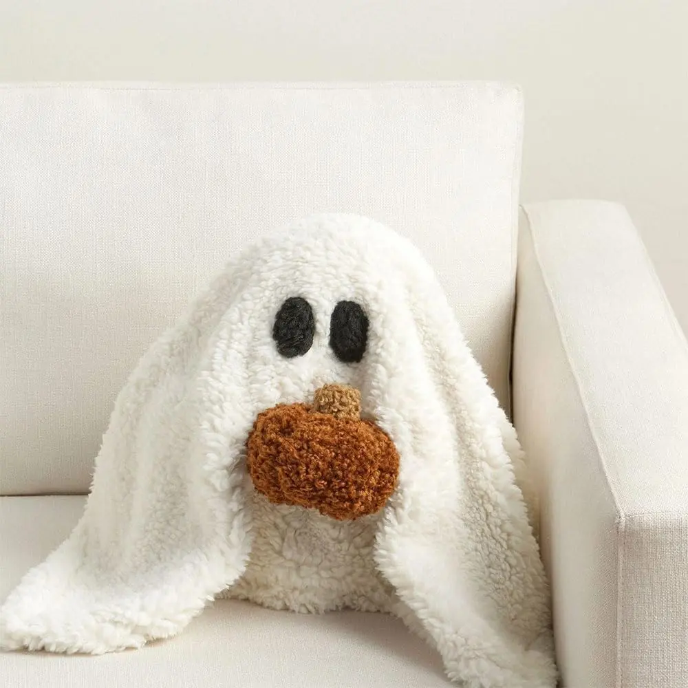 Bobety Gus the Ghost Plush with Pumpkin Pillow, Cute Ghost Plush Pillow Toys, 9.8in Ghost Cushion Plushies, Soft Stuffed Halloween Ghost Shaped Throw Pillow for Kids Adults, Halloween Decorations