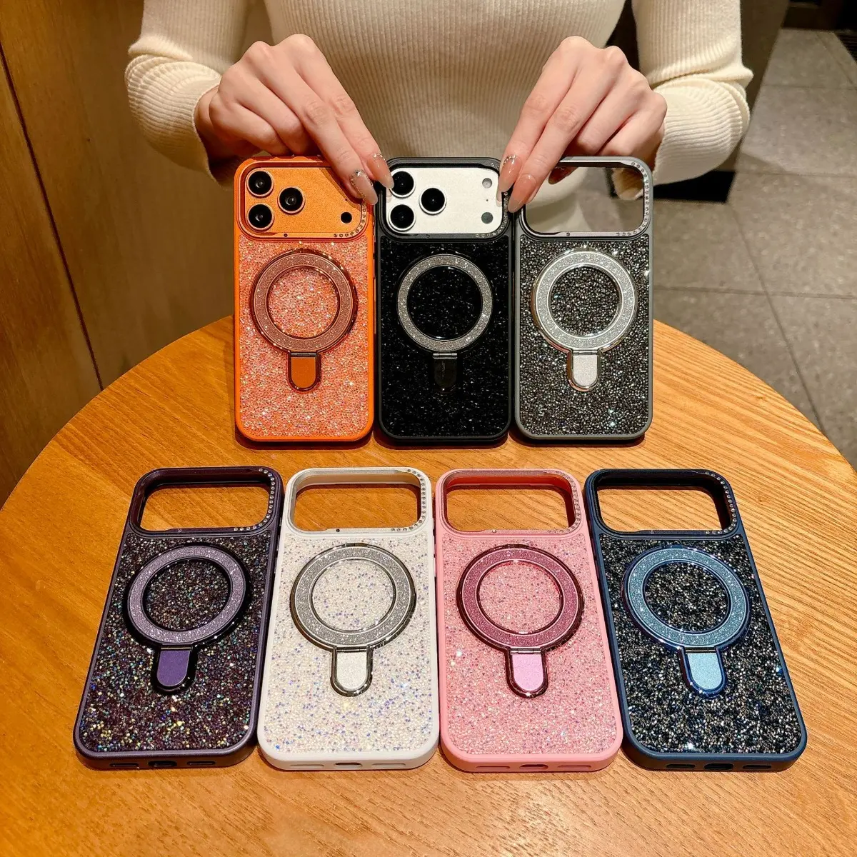 Women's Rhinestone Smartphone Casing - Luxury Slim Shockproof MagSafe Cover with Ring Stand, Popsocket, Camera Cutout, DIY Bag Accessory for iPhone 15 Pro/15/14/13 Series, Cellphone Protection Accessory