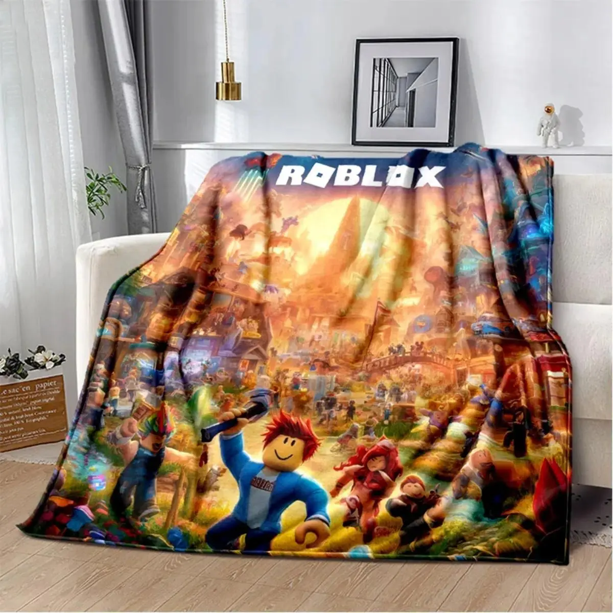 Roblox Game Inspired Flannel Blanket Cartoon Gaming World Print Soft Cozy Warm Lightweight Kids Blanket Adult Blanket Throw Blanket For Bedroom Sofa Gaming Room College Dorm Travel Camping Picnic Back To School Gift