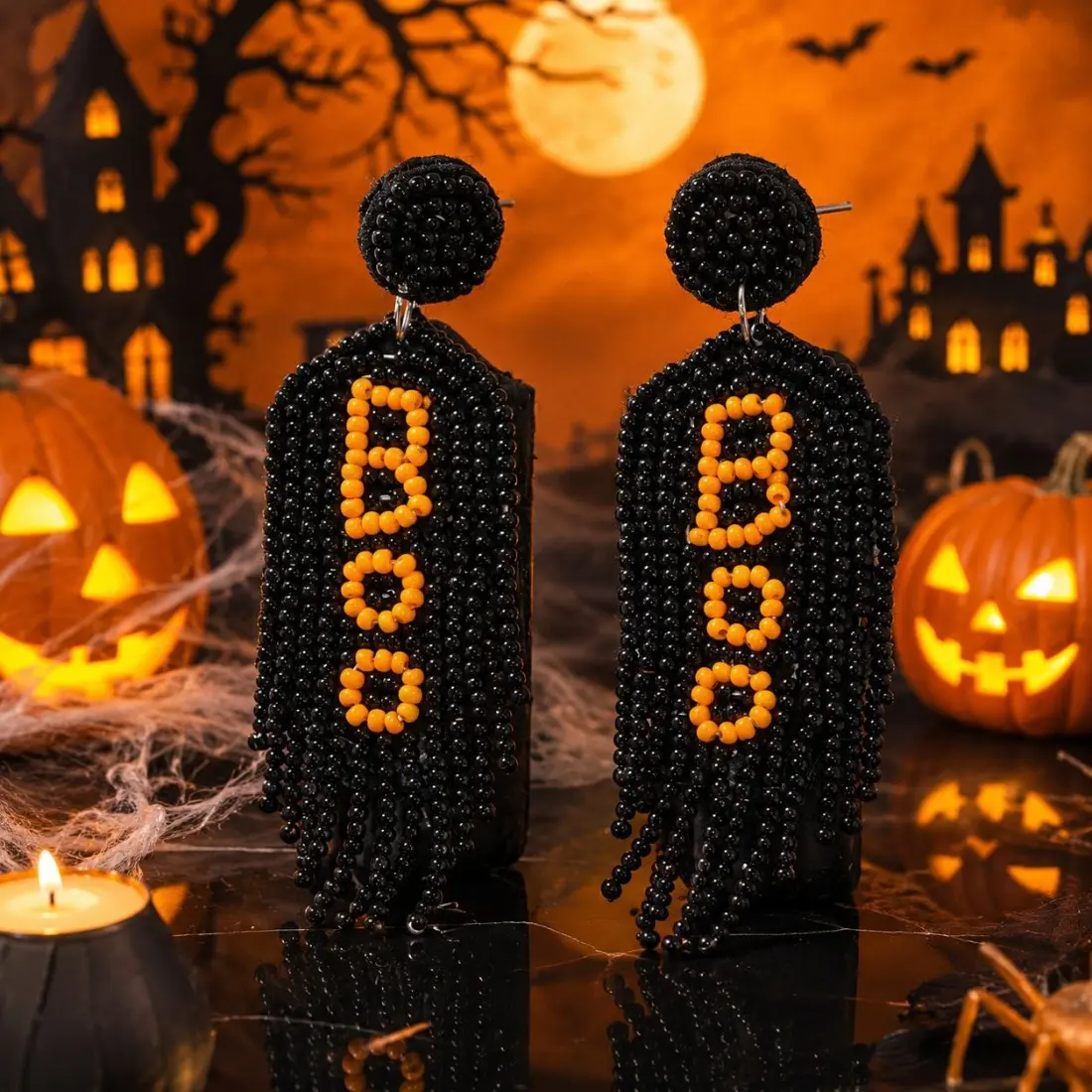 Women's Halloween Ghost Earrings - Funny Nylon Handmade Fabric Charm Dangle Earrings with Cute Pumpkin, Alphabet Rice Beads, Lightweight Spooky Statement Jewelry for Halloween Parties, Gifts