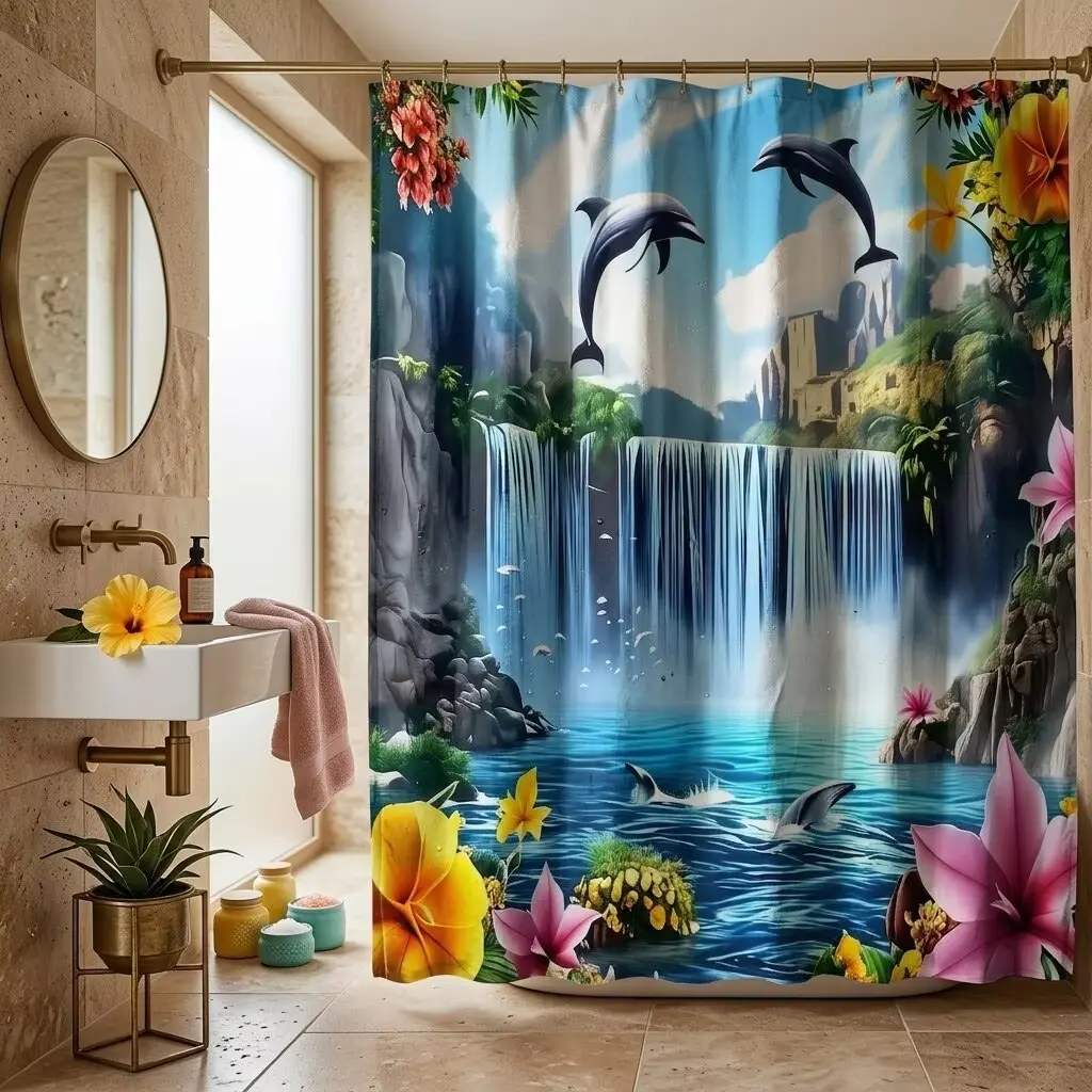 1/4pcsCreative Shower Curtain Sets Bathroom, Restroom Decor Set with Dolphin and Waterfall Pattern. Includes shower curtain, toilet seat cover, rectangular bathroom mat, and U-shaped mat. Perfect for bathroom decorating
