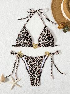 two-piece set women's leopard print bikini set, casual fashion chic swim bra & tie side swim panty, ladies swimsuit for beach holiday vacation, bikini outfits, leopard print swimwear