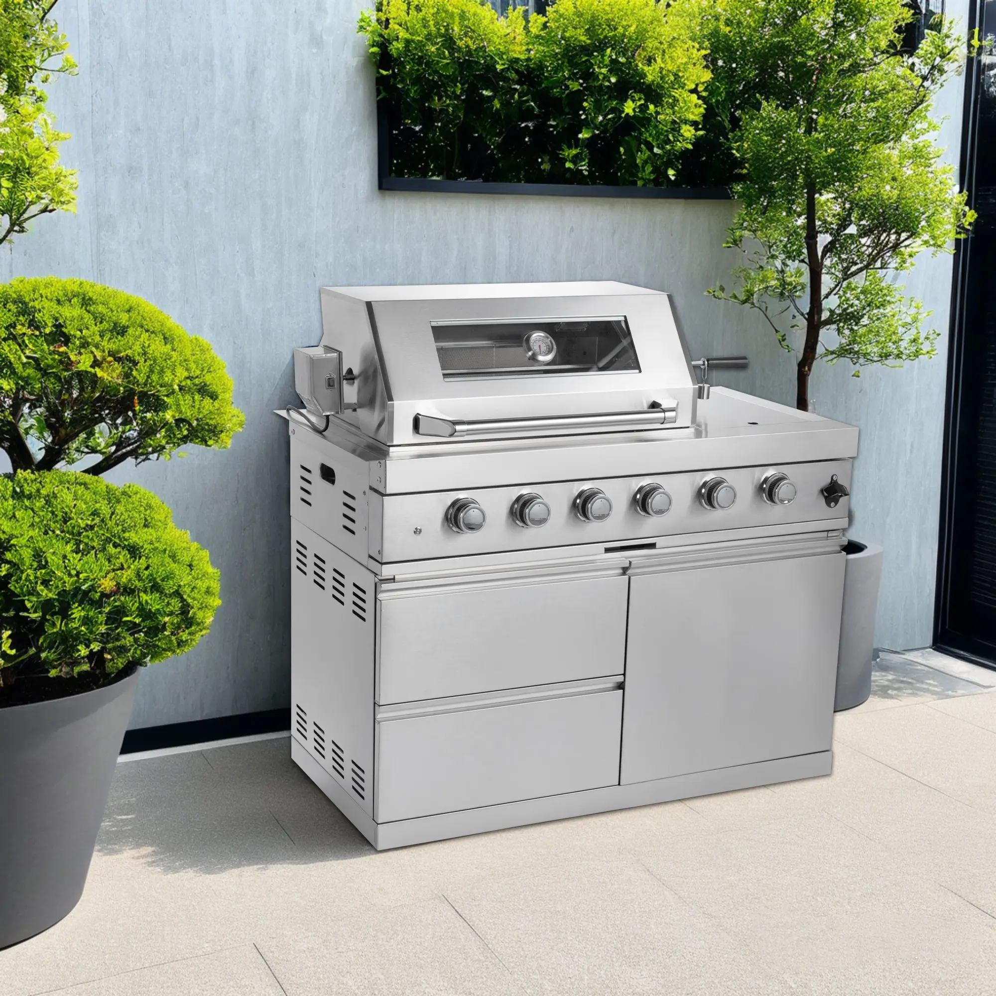 ARCH 46-Inch Outdoor Kitchen Island Gas Grill - Stainless Steel, 6 Burners, 85,000 BTU, Ceramic Infrared Rear Burner, Rotisserie Kit, Storage Base, 990 Sq In Cooking Area, Black/Silver, for Garden BBQ