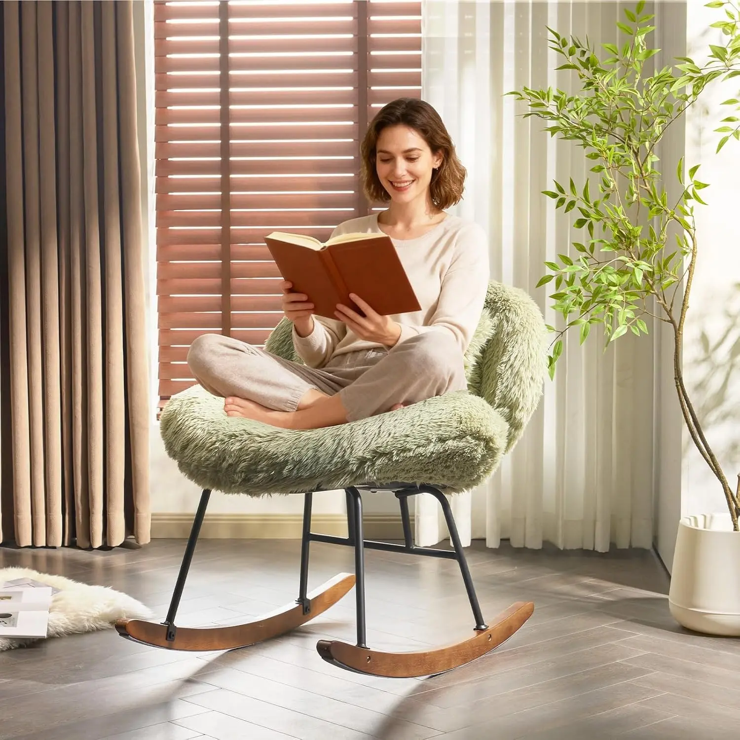 25.6" Extra Wide Criss Cross Nursery Rocking Chair,Cute Curved 115° Reclining Armless Glider,Plush Small Rocker w/Pillow & Solid Wood for Indoor,Bedroom, Living Room,Fluffy Fleece,Lawn Green