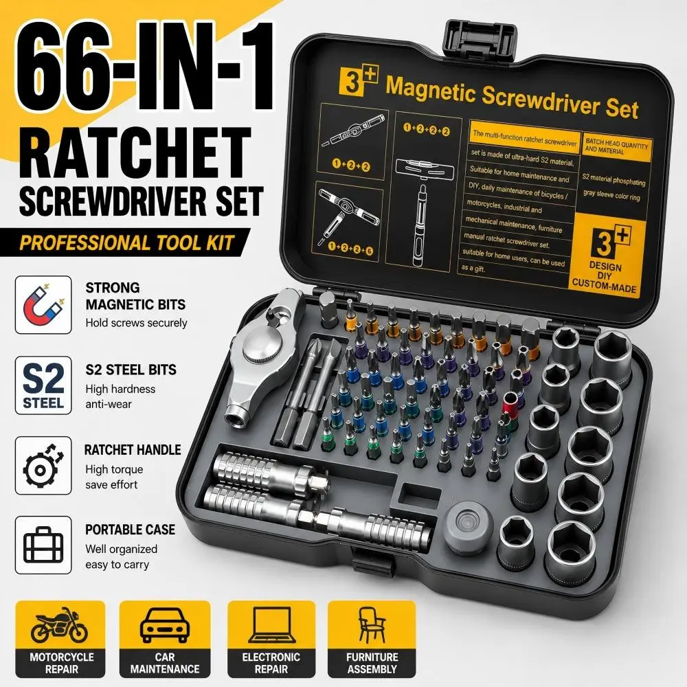 66-In-1 DIY Screwdriver Set, Magnetic Interchangeable Screwdrivers, Compact Portable Ratchet Screwdriver Kit, Home Repair Tool Box