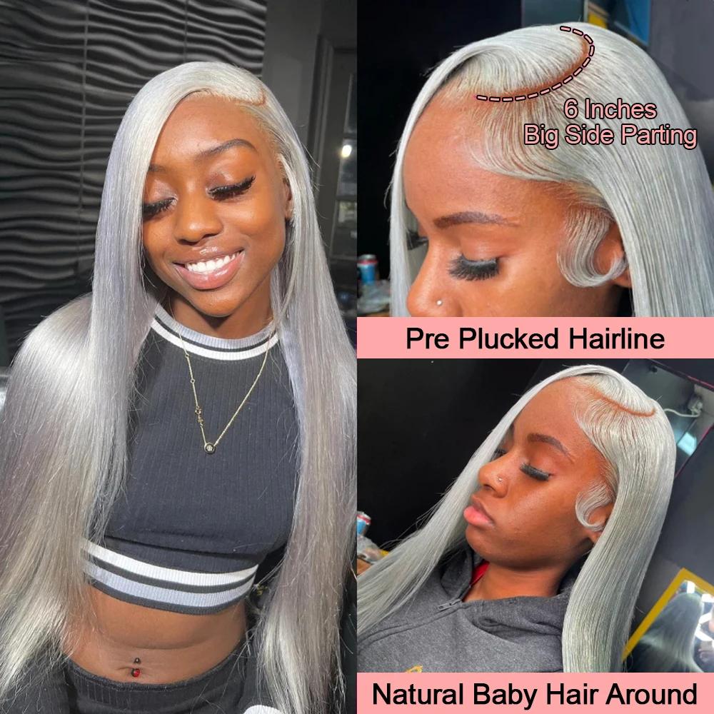 Bling Hair 30 Inch Silver Grey Straight 13x6 Hd Lace Frontal Human Hair Wigs Colored Hair Pre Plucked 13x4 Transparence Lace Front Wig 100% Human Hair Brazilian For Women