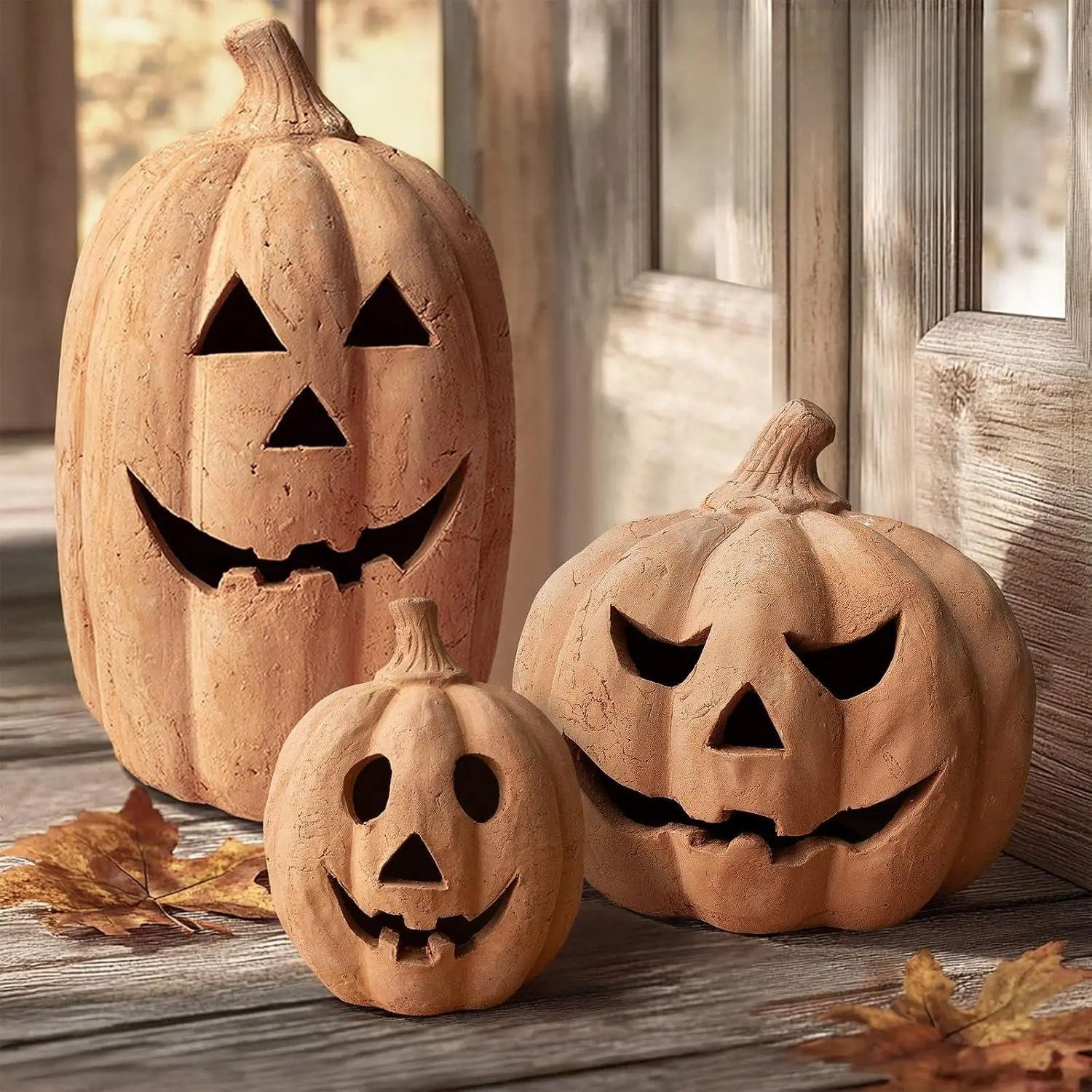 Handmade Terracotta Pumpkin Jack O' Lantern Fall Decor - 7.5"H Farmhouse Autumn Halloween Decoration for Indoor Outdoor Porch Front Door Mantel Rustic Table Home Decor