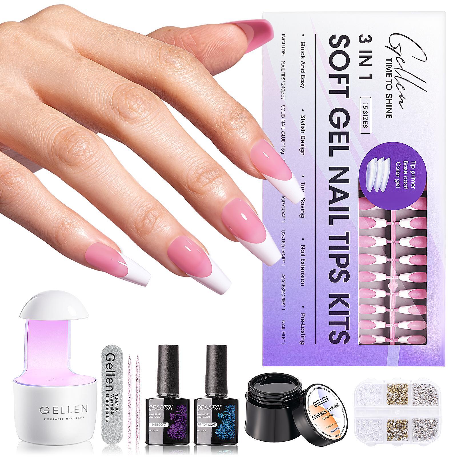 Gellen Complete French Tip Nail Kit – 240pcs, Gel top coat & base coat, UV lamp, Solid Nail Glue Nailartkits Polishset