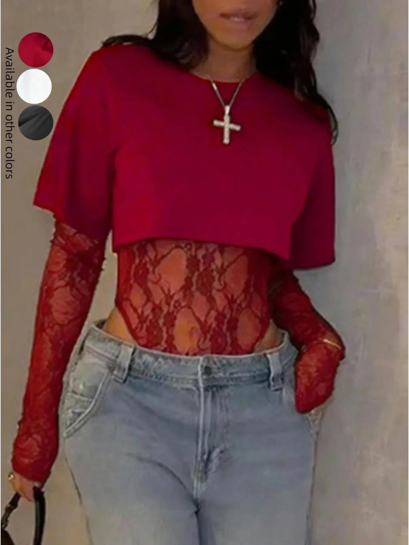 Personality Pure Crewneck Short-sleeved Ultra-short High-waisted T-shirt Lace Long-sleeved Base Lace T-shirt