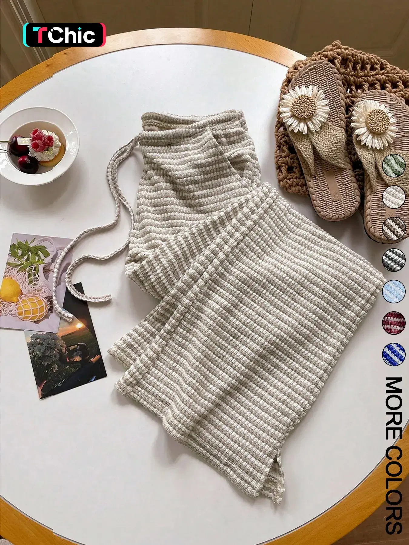 Women's Summer Knitted Striped Adjustable Drawstring Pocket Casual Baggy Loose Fit Oversize Wide Leg Pants, Perfect for Daily Wear and Vacations