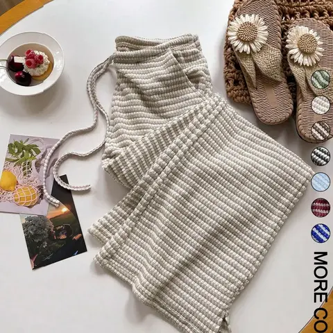 Women's Summer Knitted Striped Adjustable Casual Drawstring Waist Pocket Baggy Loose Oversize Wide Leg Pants, Perfect for Daily Wear and Vacations