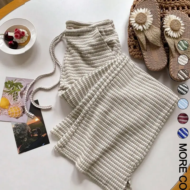 Women's Summer Knitted Striped Adjustable Casual Drawstring Waist Pocket Baggy Loose Oversize Wide Leg Pants, Perfect for Daily Wear and Vacations