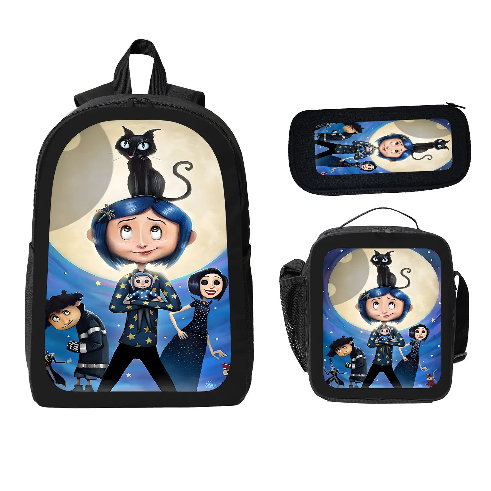 Coraline 3 Pcs School Backpack Set for Boys Girls Kids, Large Capacity Bookbag with Insulated Lunch Bag Pencil Case, Water Resistant Travel Daypack for Elementary Middle School d-27