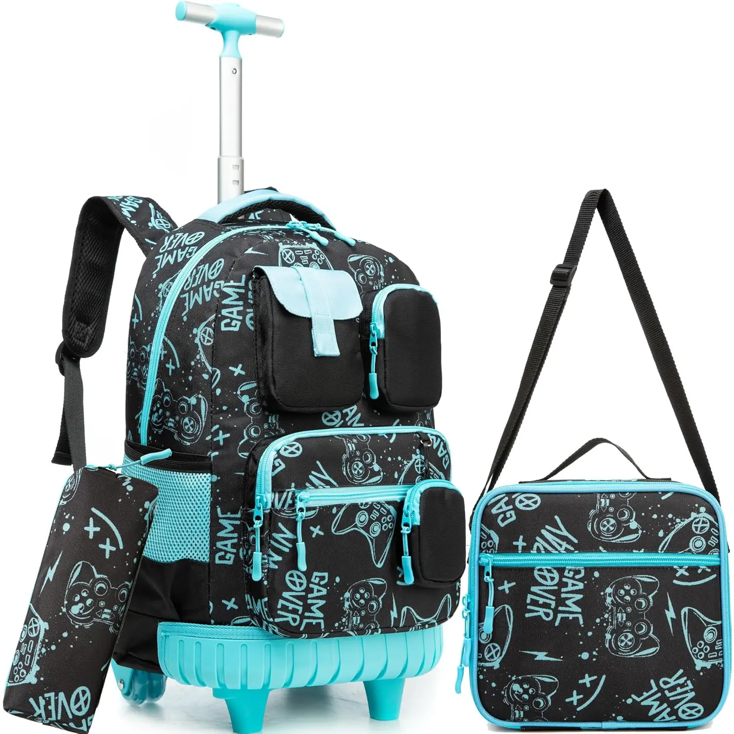 Boys' Cool Gamer 3pcs Rolling Backpack Set, Polyester School Use Bag with Zipper, Video Game Controller Design, Wheeled Trolley Bookbag, Lunch Box & Pencil Case, Cyber Cyan Multi-Pocket 2026