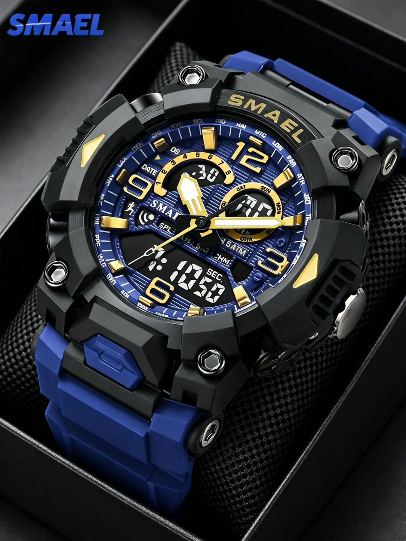 Smael Fashion Sports Casual Quartz Digital Analog Watch for Men, Dual Display Silicone Band, Waterproof with Alarm and Night Light Feature, Luminous Waterproof Watch, Dual Display Wristwatch