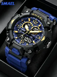 Smael Fashion Sports Casual Quartz Digital Analog Watch for Men, Dual Display Silicone Band, Waterproof with Alarm and Night Light Feature, Luminous Waterproof Watch, Dual Display Wristwatch