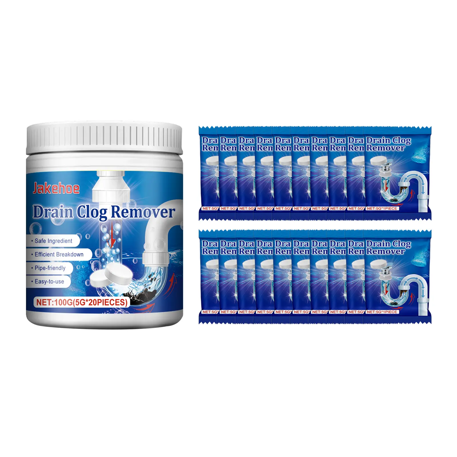 Jakehoe Drain Clog Remover Effervescent Tablets - 20 Count (100g) Fast-Acting Pipe Opener & Cleaner, Dissolves Hair, Grease, and Food Residue, Safe for Kitchen Sinks, Tubs, and Floor Drains (1-Pack) unclogs bathroom