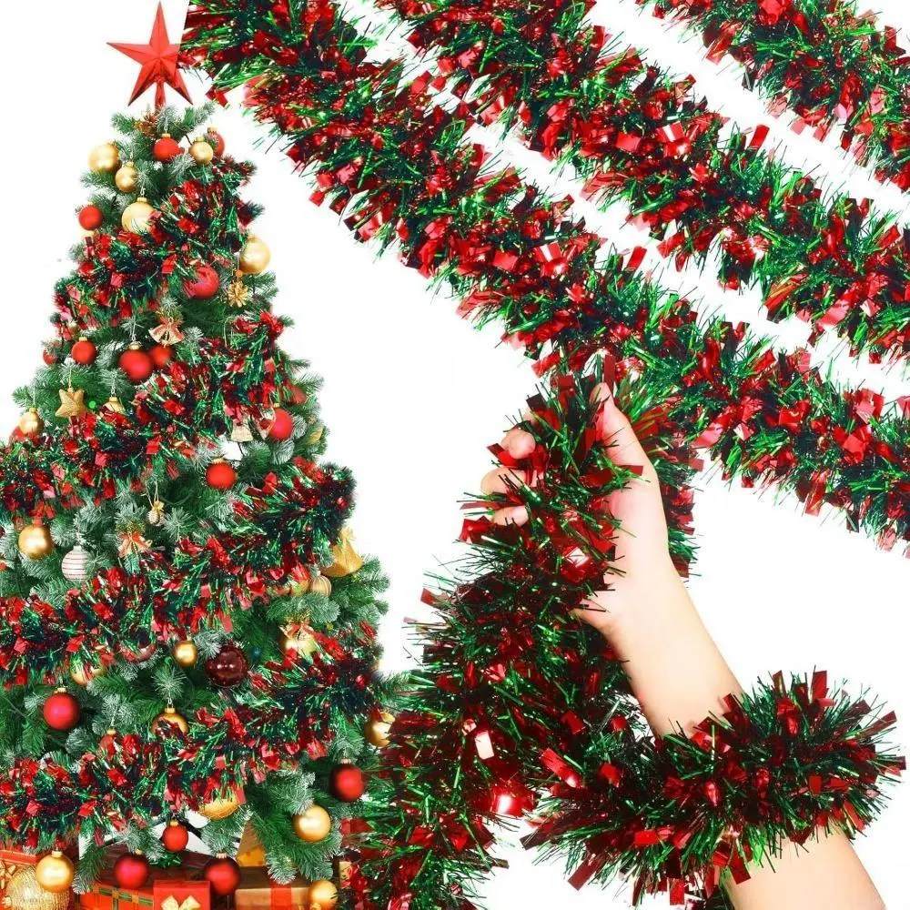 2M Thickened Christmas Tinsel Garland, Classic Red & Green Xmas Foil Streamers, Shiny Holiday Tinsel Ribbon, Versatile Party Accessory For Indoor Scene Layout & Festive Decoration, Holiday Vibe, Indoor Events, Shiny Glossy, Backdrop, Window