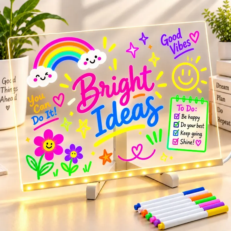 Acrylic Dry Erase Board with LED Light, 11.8 x 7.9 Inch Light Up Memo Board with Stand, USB Powered Dimmable Message Whiteboard with 7 Color Pens for Home Office School