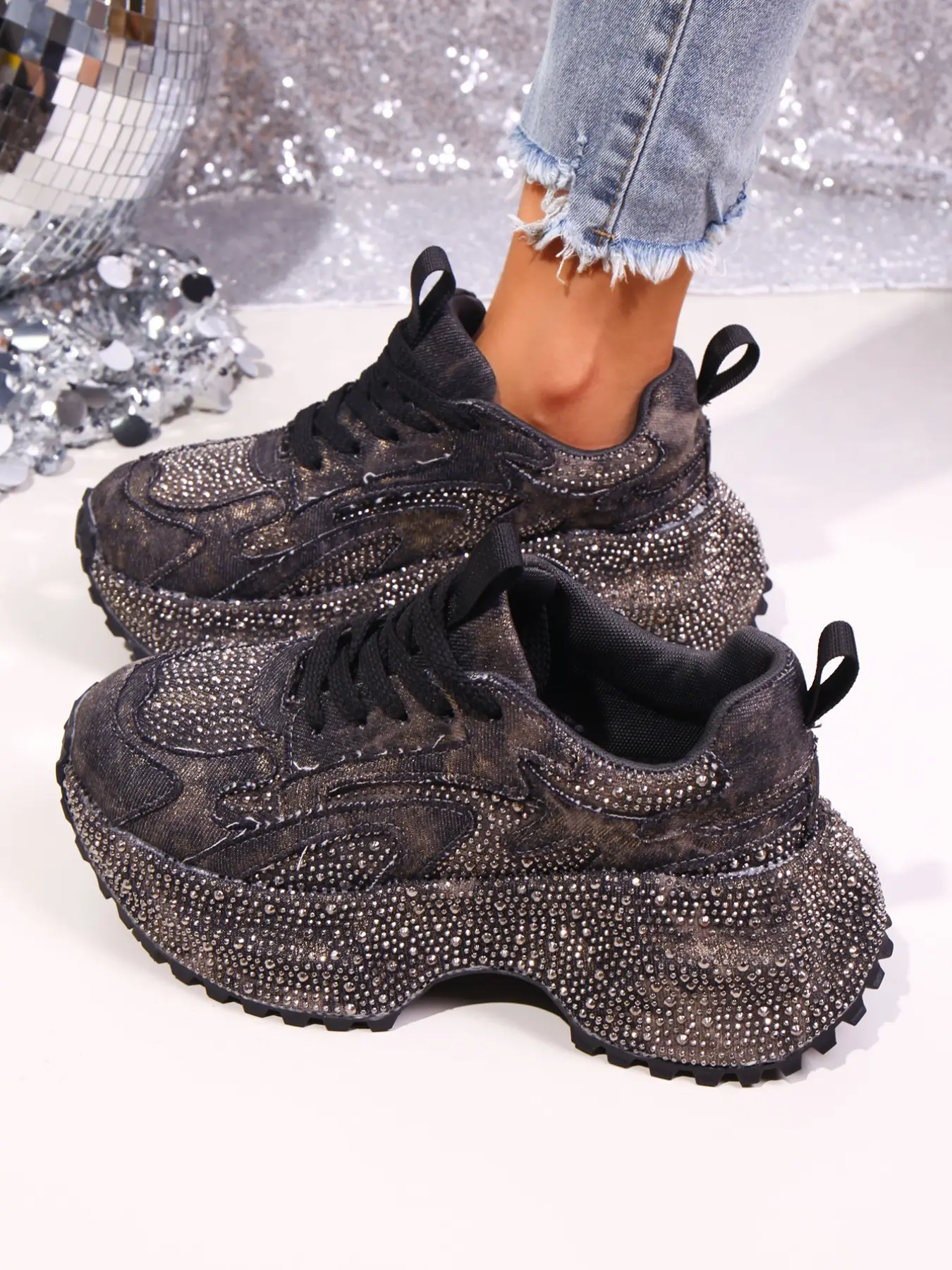 New Rhinestone Platform Trainer Women's Shoes, Full Shoe Rhinestones Anti-Slip Thick Sole, Street Fashion Versatile Height-Boosting Dad Sneakers