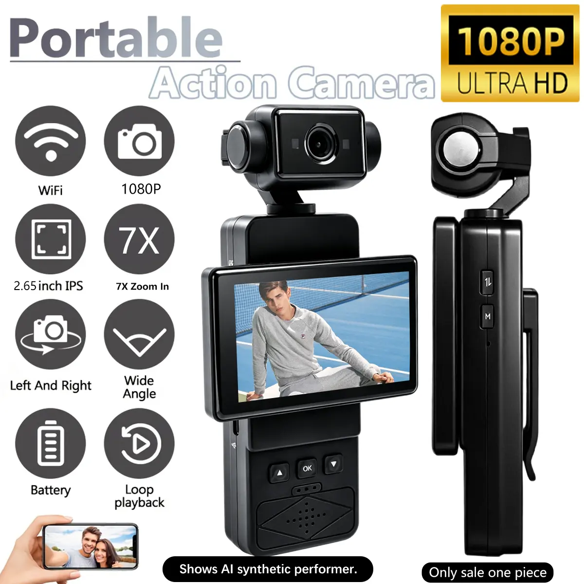 Action camera, great for vlogging, compact and portable, super long battery life, rotating lens, capture life's moments anytime, anywhere.