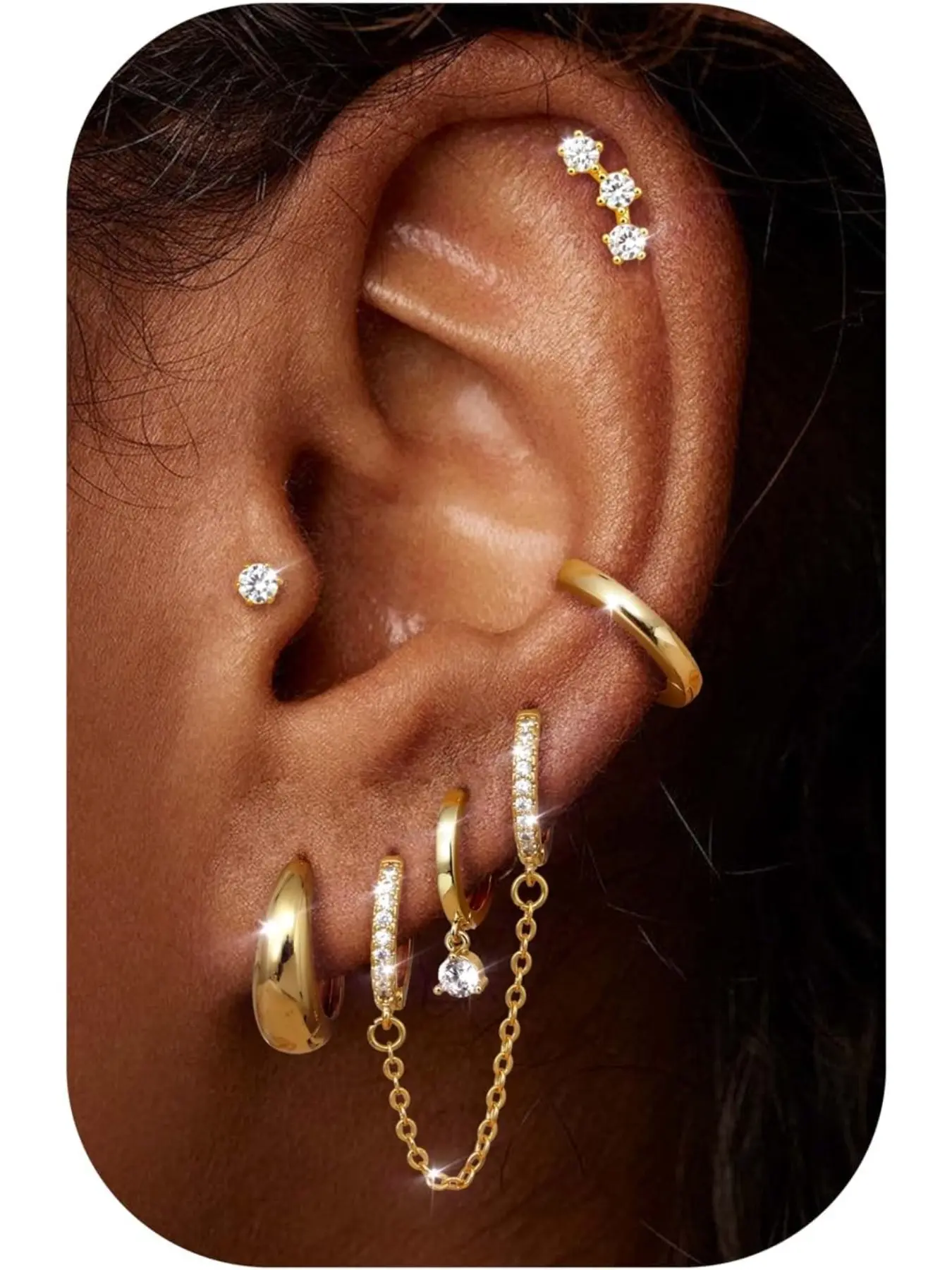6 Pairs Silver Color Earrings for Women, Hypoallergenic Steel Cubic Zirconia Studs, Huggie Hoops, Cartilage Earrings, Multi-Piercing
