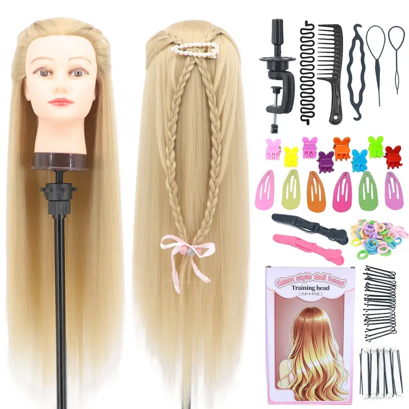 Professional Hair Styling Training Head with Clamp & Braiding Tools Set, 1 Set 24-26 Inch Hairdresser Styling Head, Hairdressing Head for Women, Practice Mannequin Head, Mannequin Head Stand
