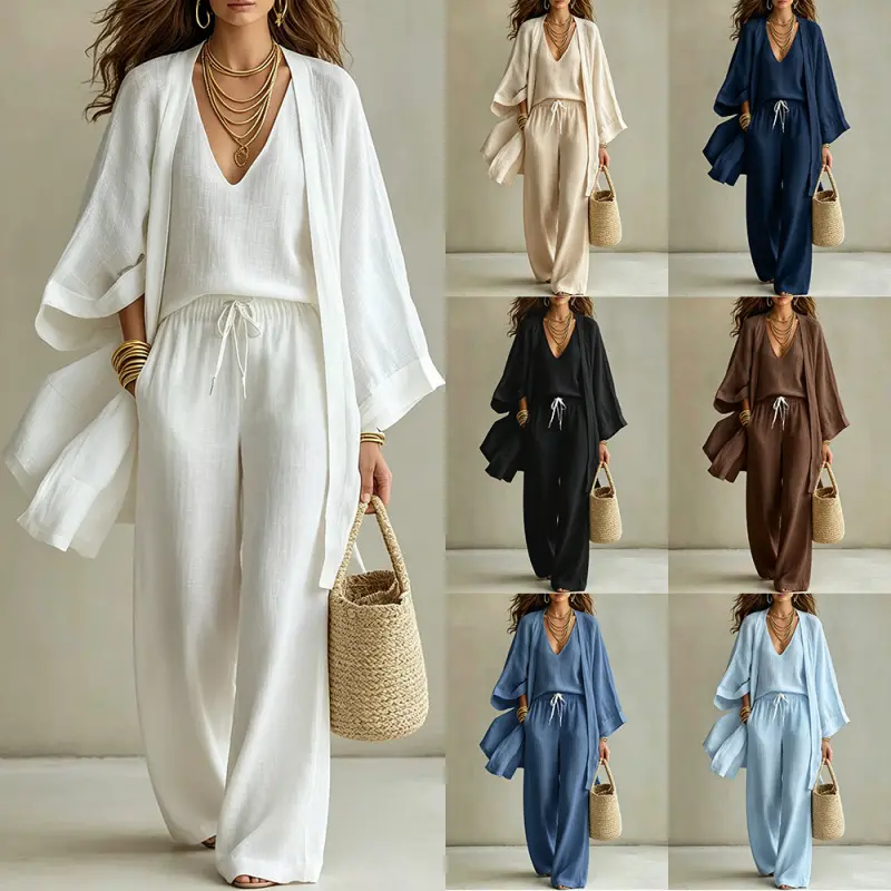 Women's three-piece set, plus size, summer, loose-fitting, cotton-linen, mid-length, nine-quarter sleeve cardigan, sleeveless vest, long pants, casual three-piece set for women