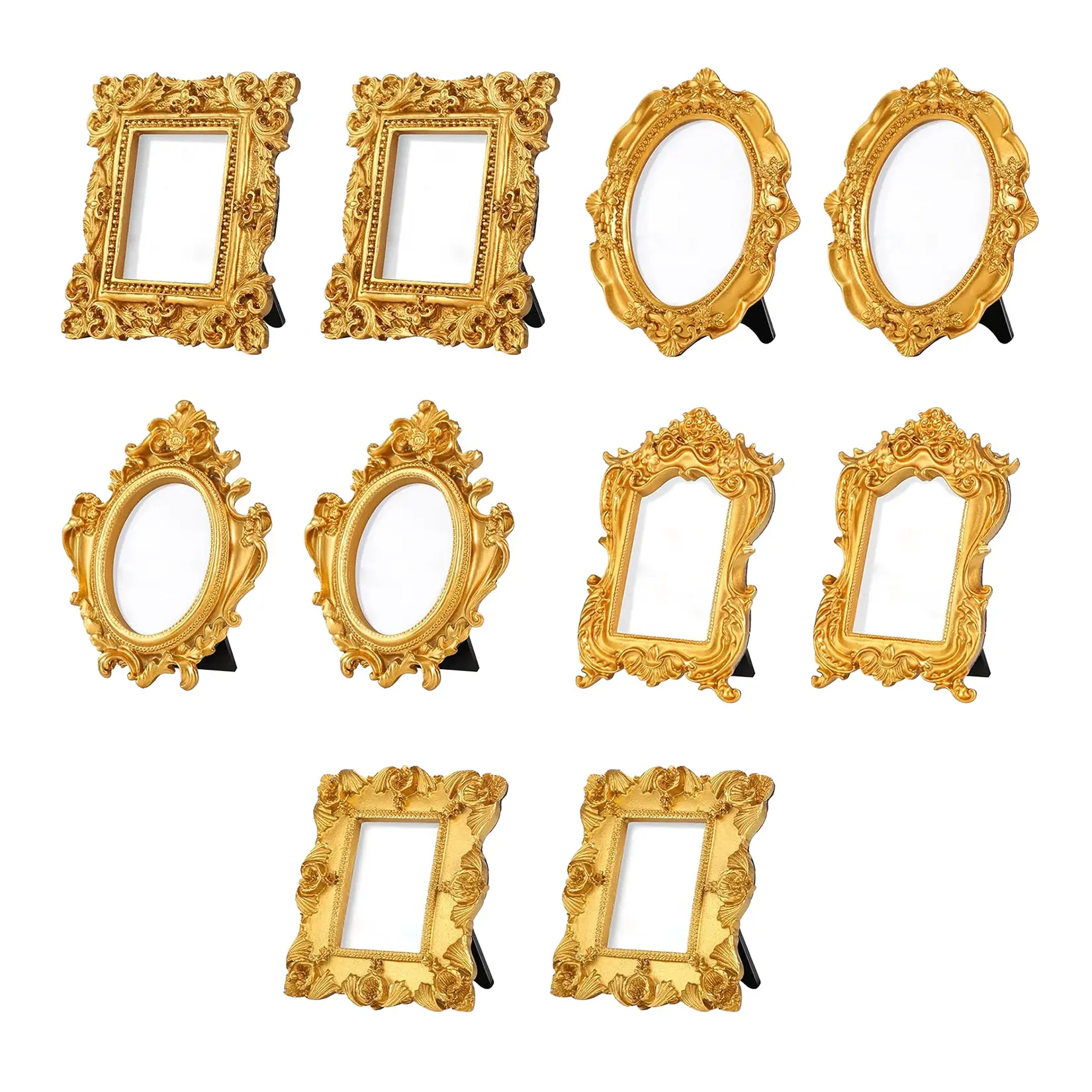 10PCS Gold Retro Floral Oval Picture Frames Set - Resin Mini Picture Holder for Table, Home Decor | 5 Unique Designs | Perfect for Wedding Place Cards, Craft Projects