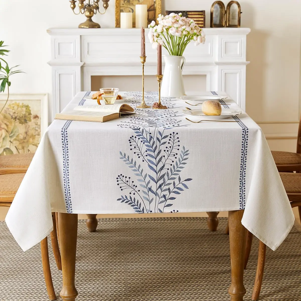 Soft, Vintage, Rustic Linen-Style Embroidered Rectangular Tablecloth - Waterproof, Wrinkle-Resistant, Machine Wash, Easy Cleaning, 1-Piece for Wedding, Farmhouse Home Decor (Blue, 55"x71")