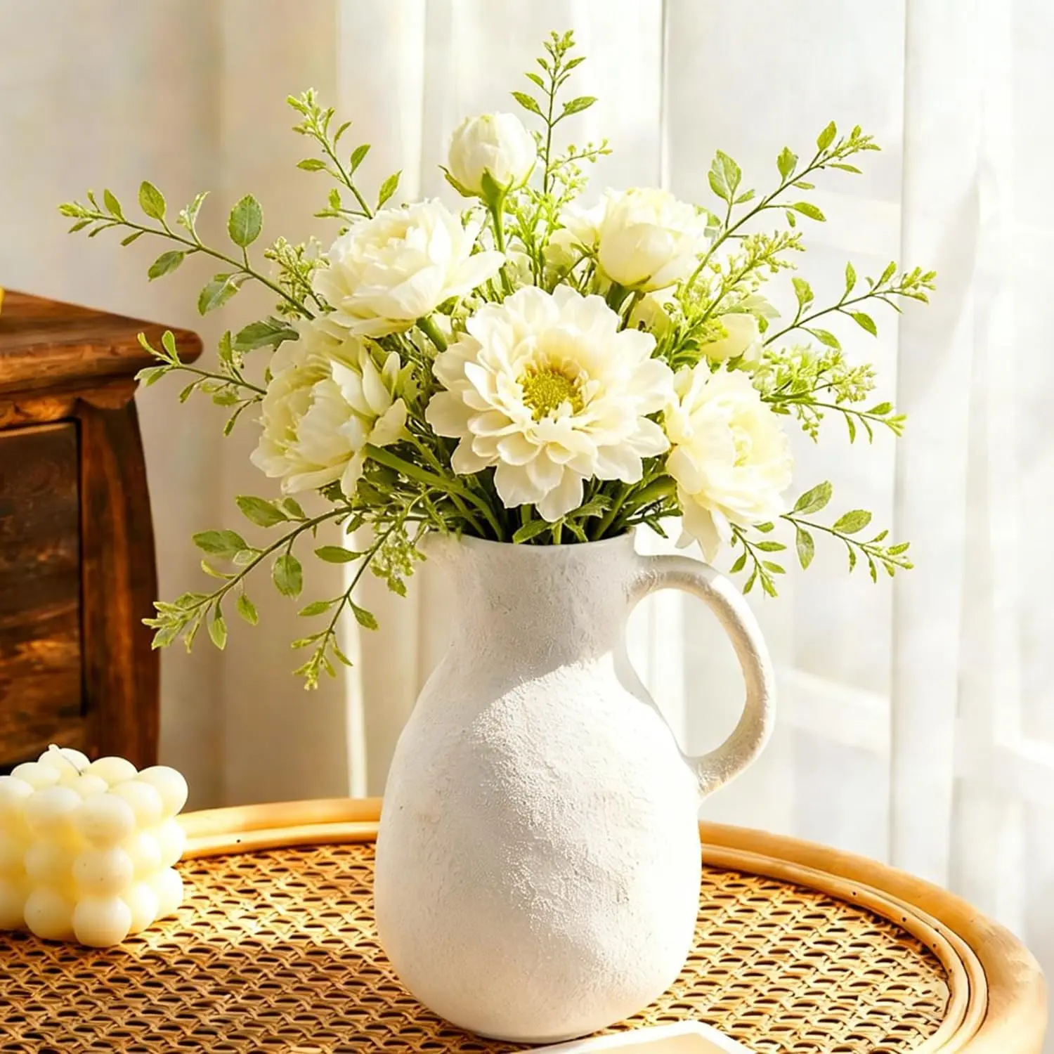 Ceramic Flower Vase 8 inch White Farmhouse Vase with Handles for Home Decor Vintage Rustic Decorations for Bathroom, Living Room, Entryway, Wedding