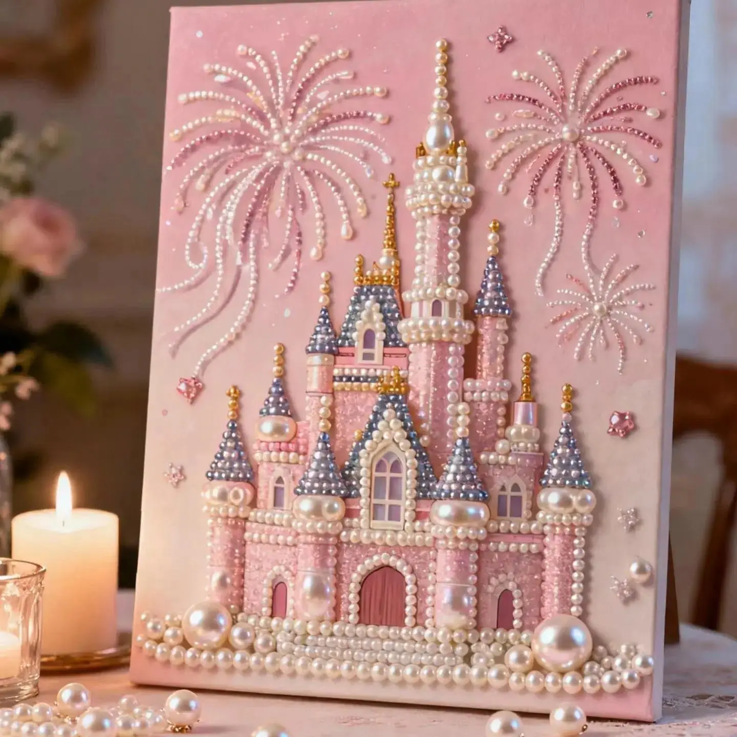Fireworks Romantic Castle 5D Sparkling Beads Painting Set, DIY Acrylic Round Hole Fashion Embroidery Handicraft Art Set, Stress-Relief Handcraft for Parent-Child Activities, Framed Home Decoration Festival Gift (Requires Handmade)