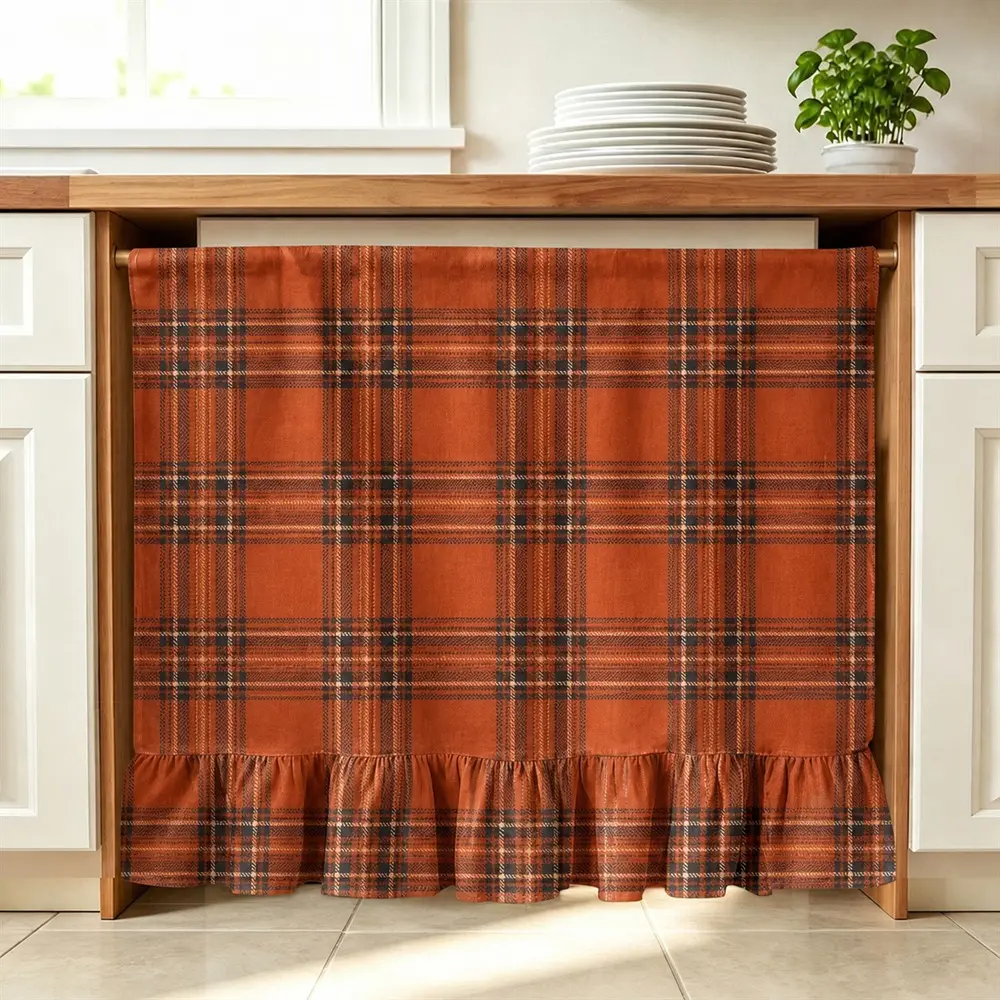 Burnt Orange Plaid Oven Curtain 30 x 25.2 Inch, Rustic Tartan Farmhouse Fall Kitchen Decor, Ruffled Polyester Cotton Canvas Appliance Curtain with Hook-and-Loop Fastening