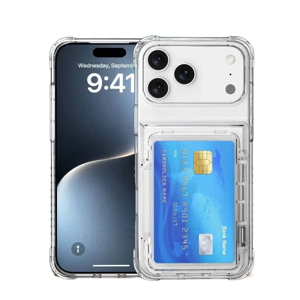 Transparent HD Clear Card Holder Case for iPhone 17/16/15/14/13/12/11 Pro Max Plus Air, Dual Layer PC+TPU Cover with Glossy Curved Buttons