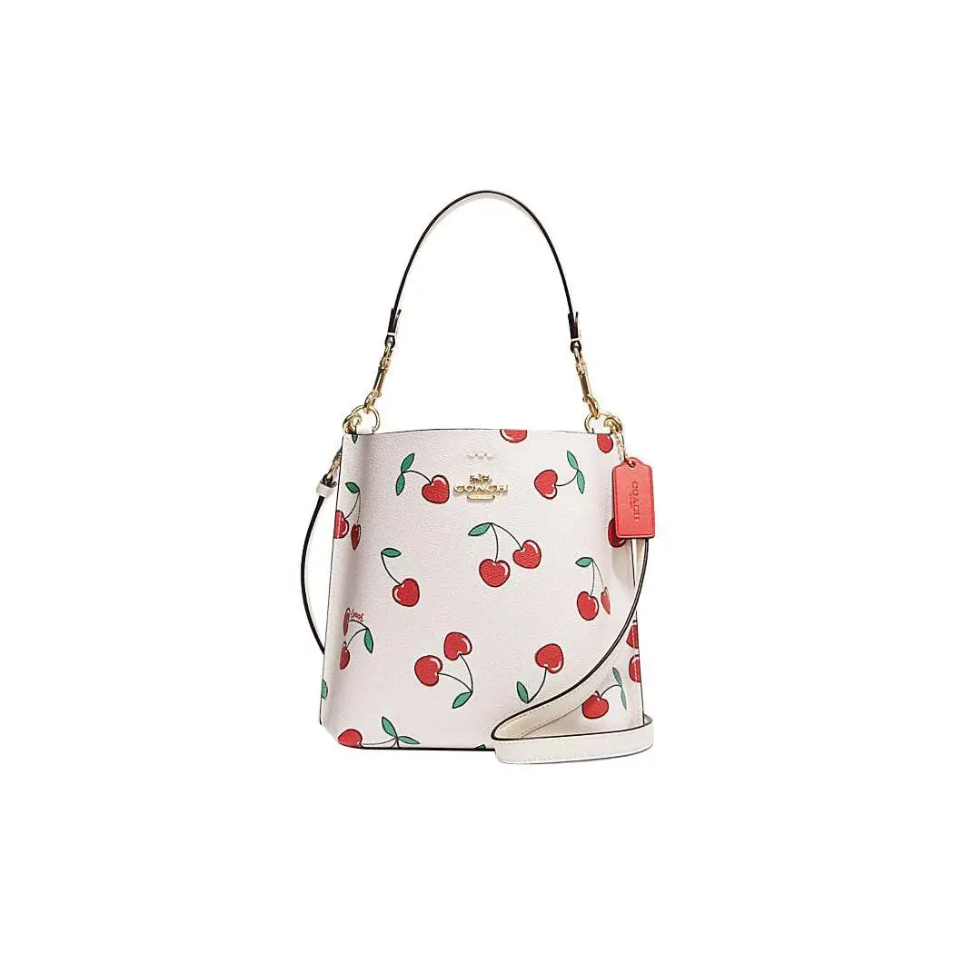 Coach Mollie Buckle-Closure Heart and Cherry Print Faux Leather Bucket Bag for Women, White