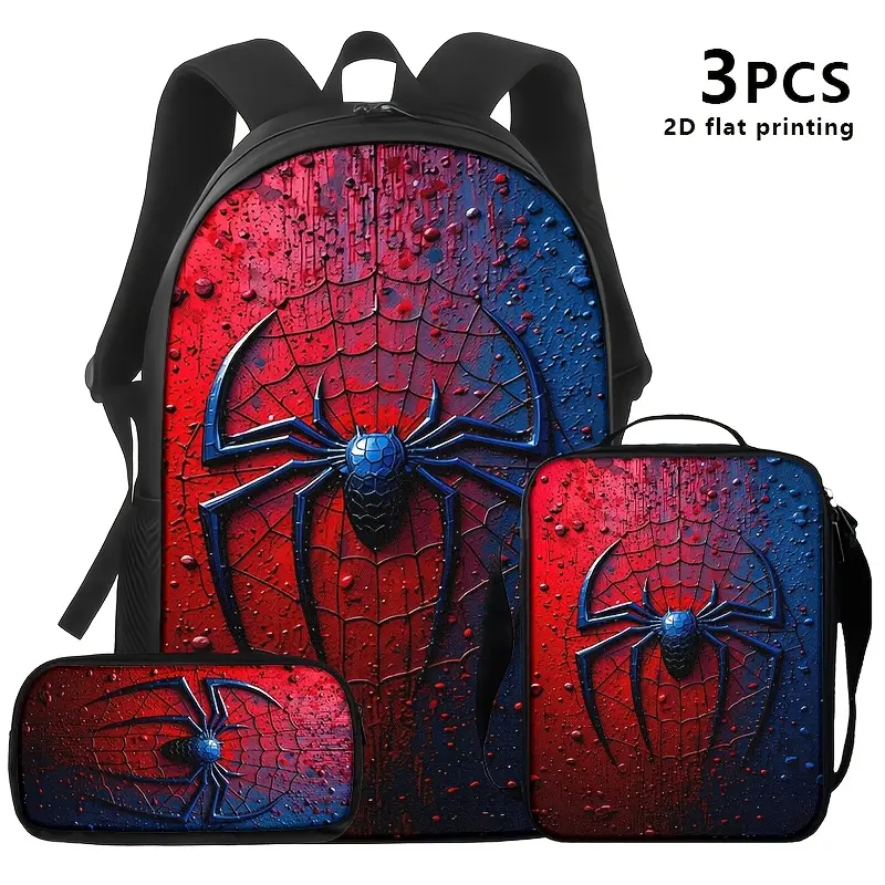 Durable Water Resistant 3-Piece Kids Backpack Set, School Backpack + Lunch Bag + Pencil Case, Rain Drop Texture Red Blue Gradient Metal Spider Hero Print, 600D Oxford, Breathable Straps