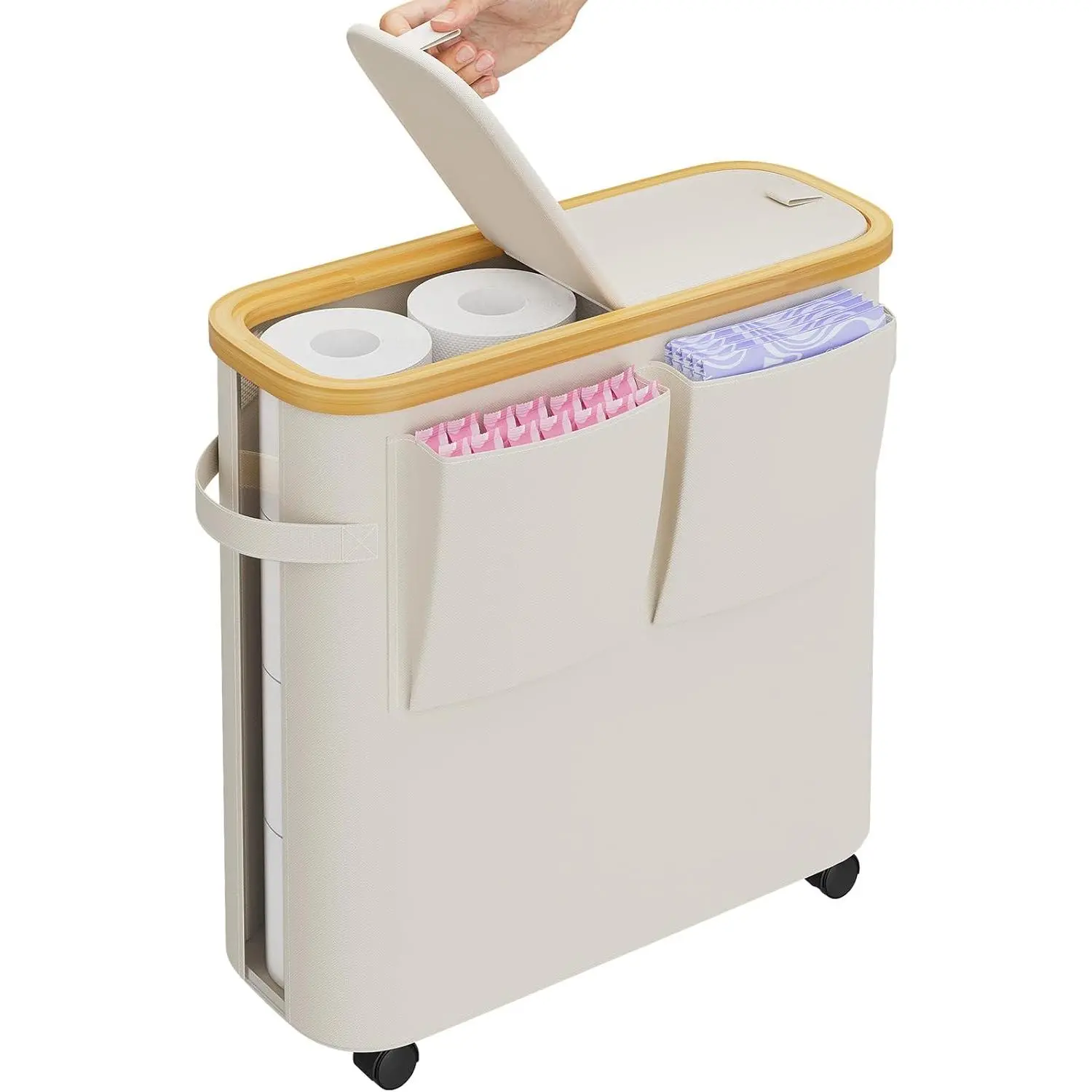 Paper Basket with Lid, Paper Holder Organizer for 9-12 Rolls Large Capacity, Foldable Bamboo Paper Container with Pockets, Medium (Beige)