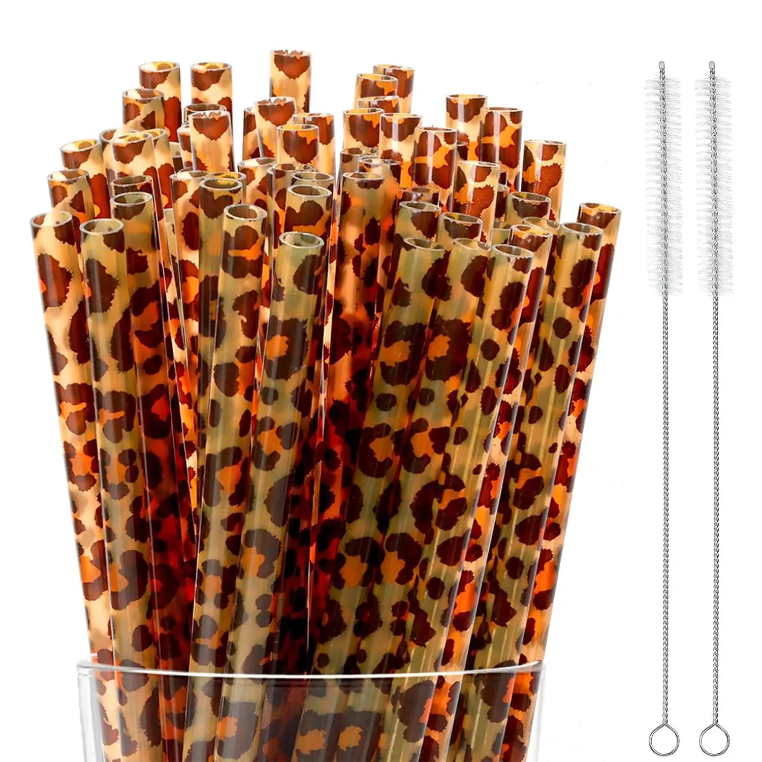 50 PCS Reusable Leopard Straws with Cleaning Brushes, Straw Combo, Plastic Drinking Straw, Plastic Cheetah Straws for Tumblers Drinks, Safari Animal Theme Party Decor, Washable, PP Material, For Cold & Warm Drinks, Safari Wild Birthday Party